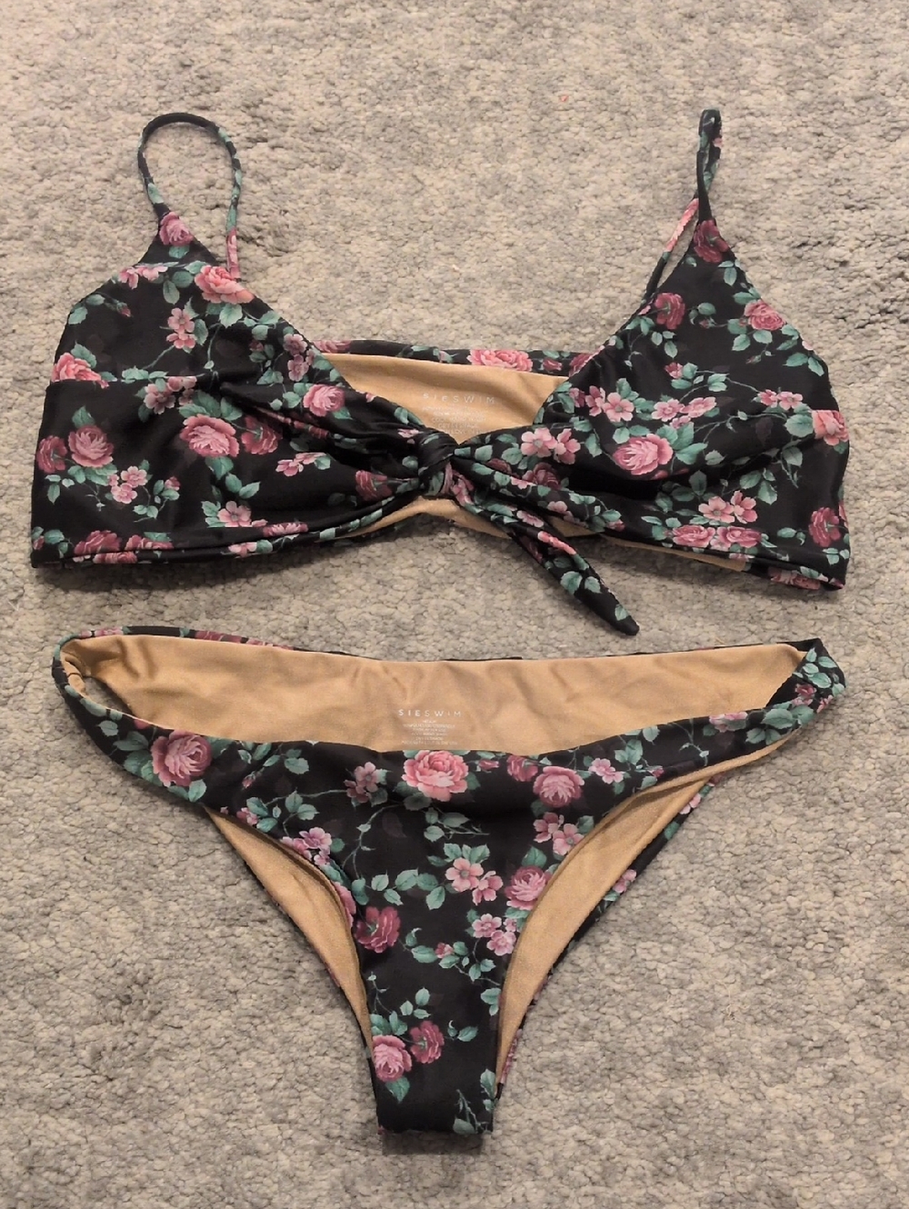 Floral Tie-Front Black & Pink Bikini Set